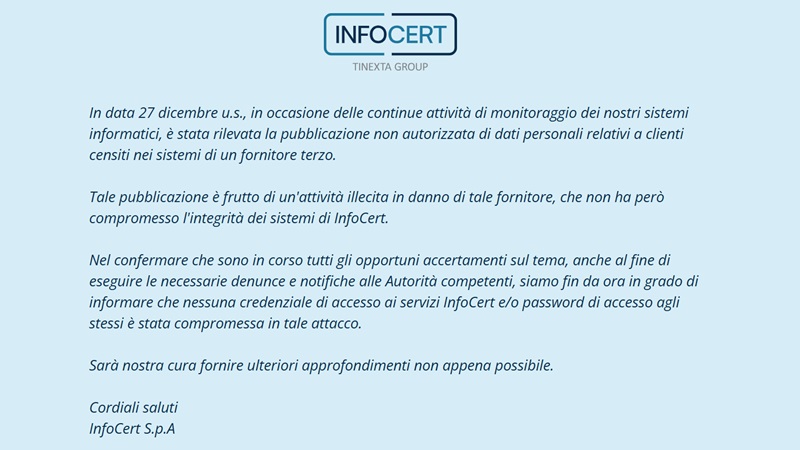 infocert comunicazione dopo attacco hacker